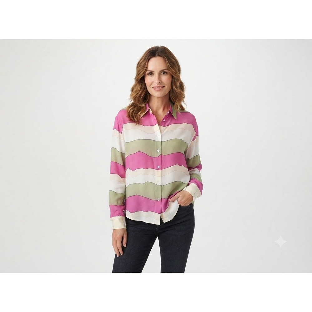 Pippa Womens Wavy Stripe Button Down Shirt Pink Green Long Sleeve Blouse M